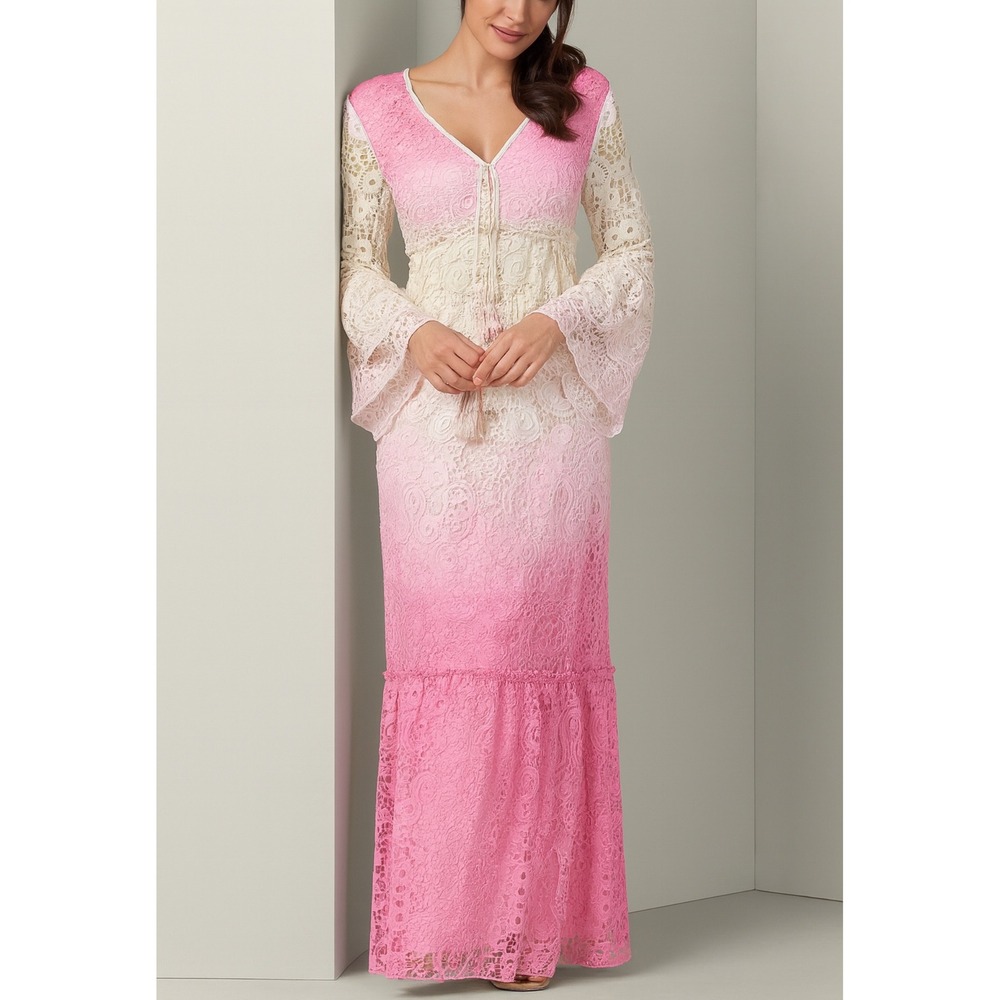 Venus Womens Long Crochet Embroidered Pink White Floral Ombre Maxi Dress sz M